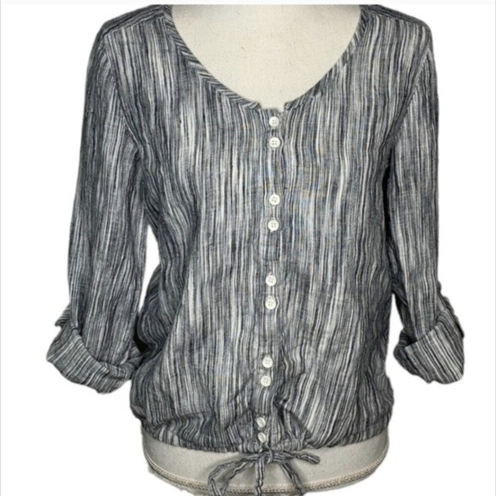 209WST38 Gray/Blue Striped Blouson Button Front Linen Top Size 8